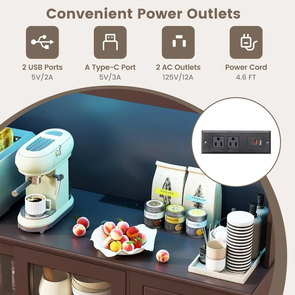 73” Kitchen Pantry Storage Cabinet, Buffet Hutch w/Power Outlets & Led Lights, Tall Cupboard w/Wine Glass Racks, Adjustable Shel