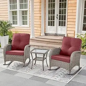 High Back Outdoor Wicker Rocking Chairs Set With Side Table For 3 Ideal For Patio Or Balcony
