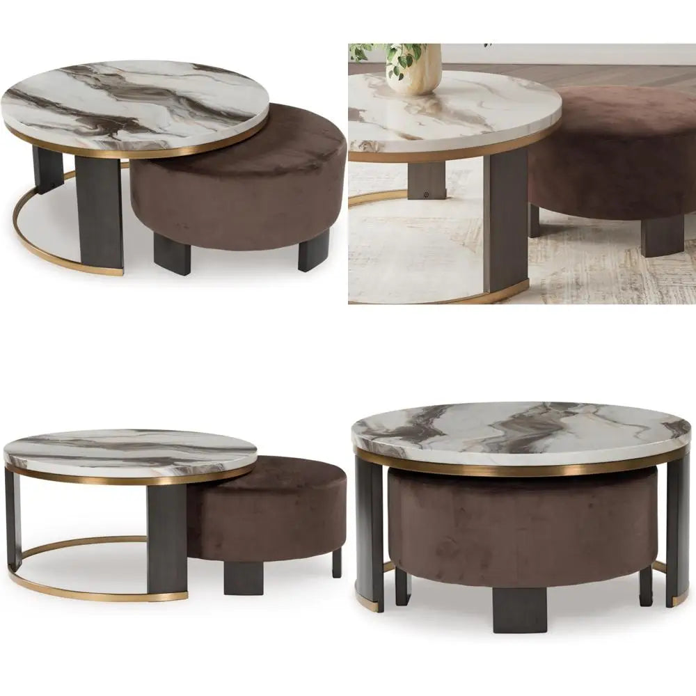 Faux Marble Nesting Coffee Tables With Velvet Ottomans Set Two