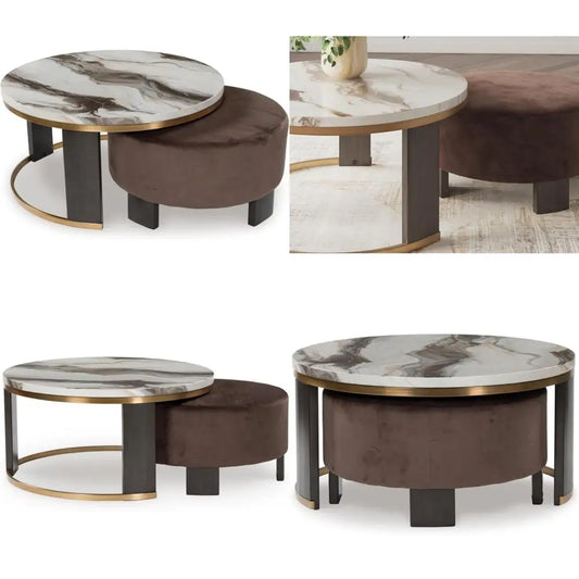 Faux Marble Nesting Coffee Tables With Velvet Ottomans Set Two