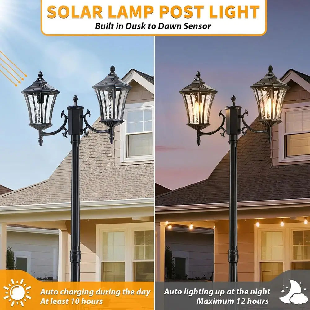 Solar Lamp Post Light 2 Head Dusk to Dawn Lighting