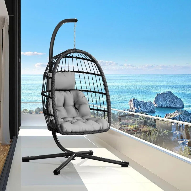 Egg Chair With Stand Rattan Wicker Hanging Swing For Bedroom Porch Garden Aluminum Frame UV Resistant Cushion 350 LBS