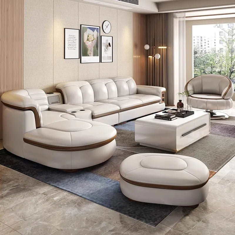 Linlamlim Luxury L Shaped Leather Sectional Sofa With USB Bluetooth