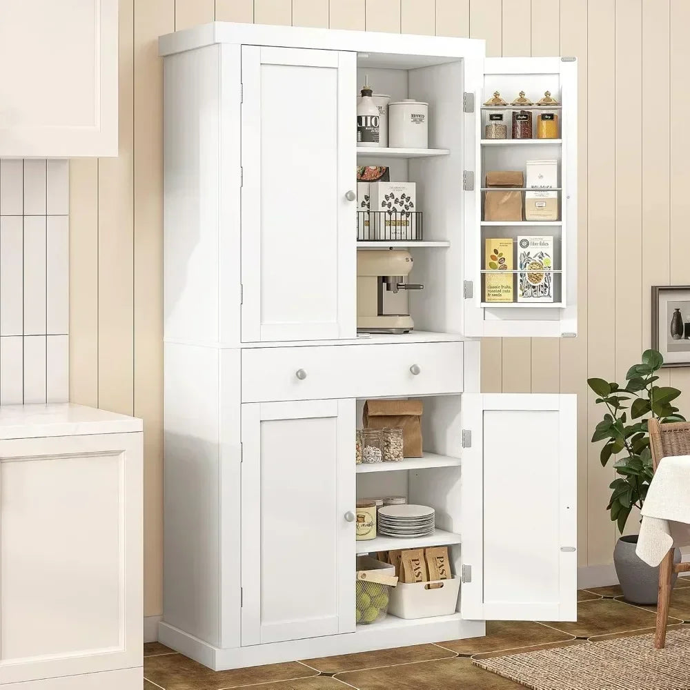 72” Kitchen Pantry Cabinet, Cupboard with 6 Hanging Shelves, Tall Storage Cabinet with 4 Doors and 1 Drawer, Kitchen Cabinet