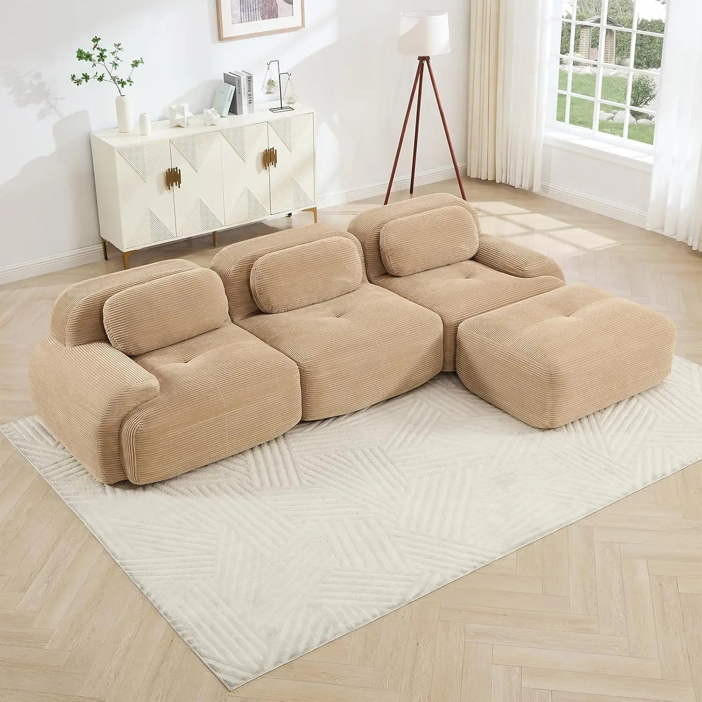 ZHUXIANG Modern Corduroy Cloud L Shaped Sofa With Ottoman