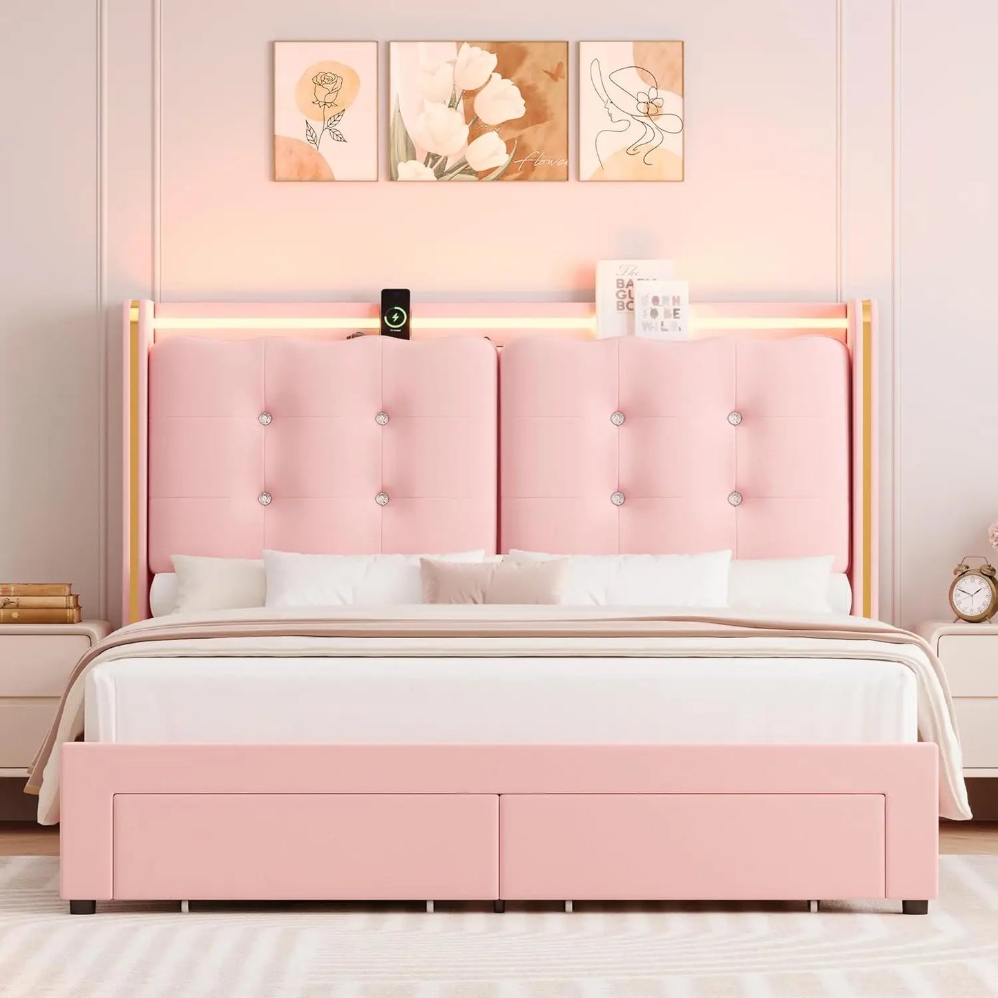 LED Bed Frame With Charging Station And Storage Drawers