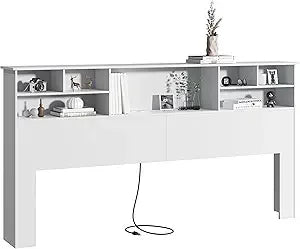 Queen/Full Size Headboard Only for Bedroom, Wood Bookcase Headboard with Charging Station & 2 LED Lights, Stylish Queen Headboar