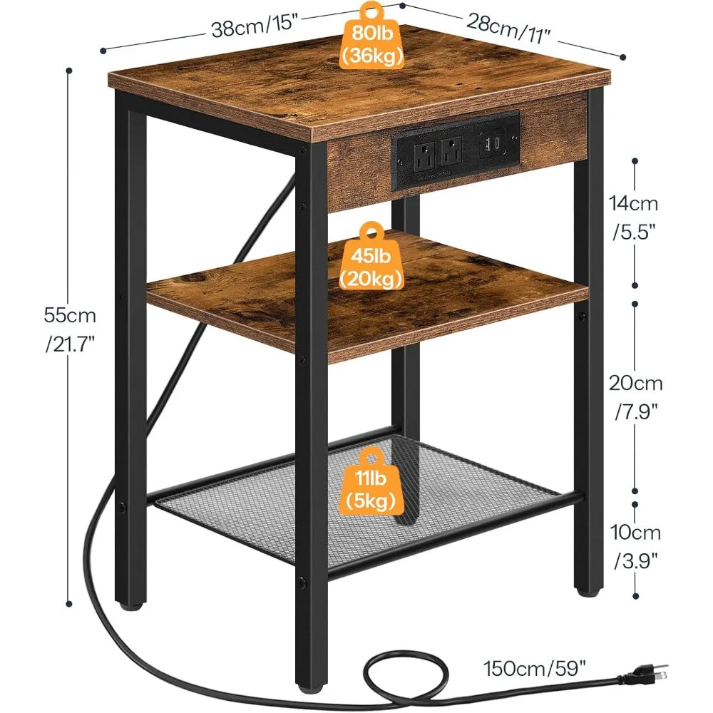 Compact Side Table With Charging Station USB Ports Adjustable Shelves