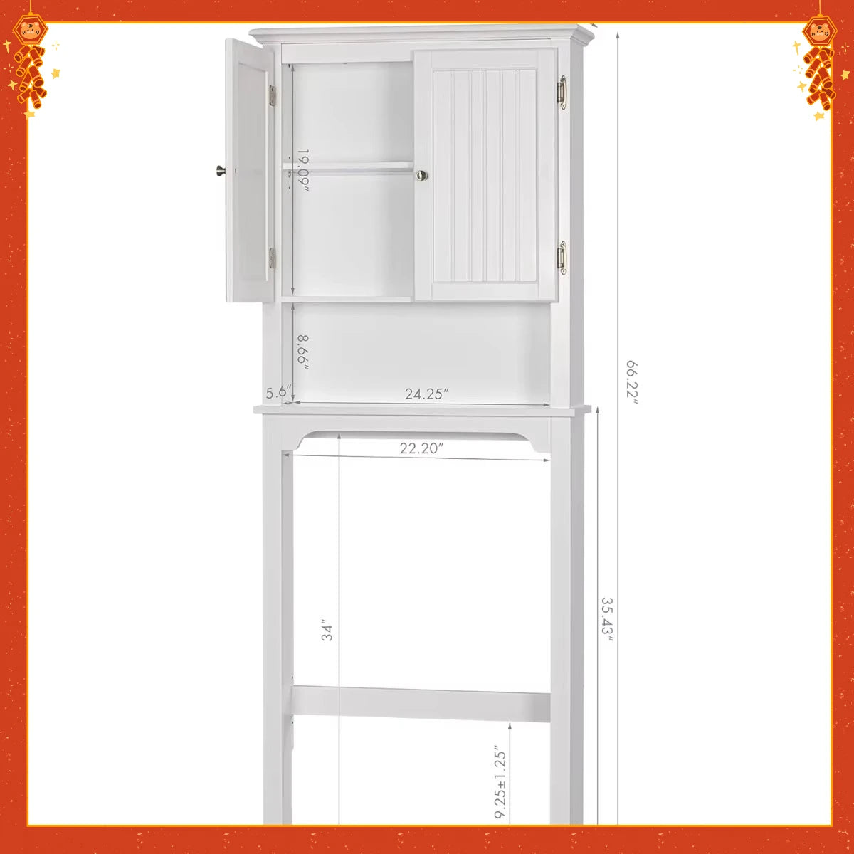 White Over-Toilet Storage Cabinet with Double Doors. Adjustable Shelf Organizer for Bathroom Space Saving.