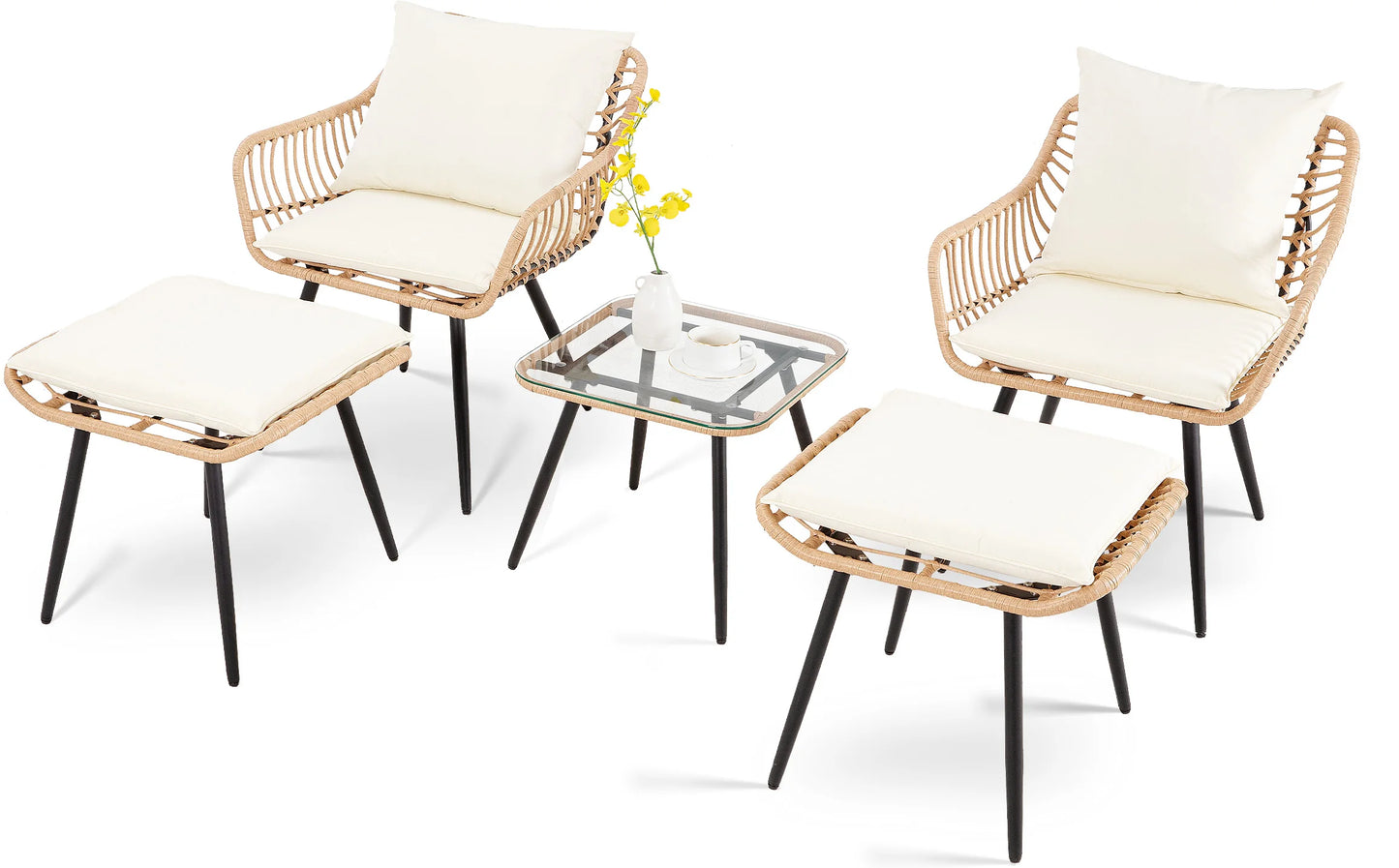 PORWEY 5 Piece Patio Bistro Set Outdoor Wicker Chairs All Weather PE Rattan With Ottoman And Coffee Table