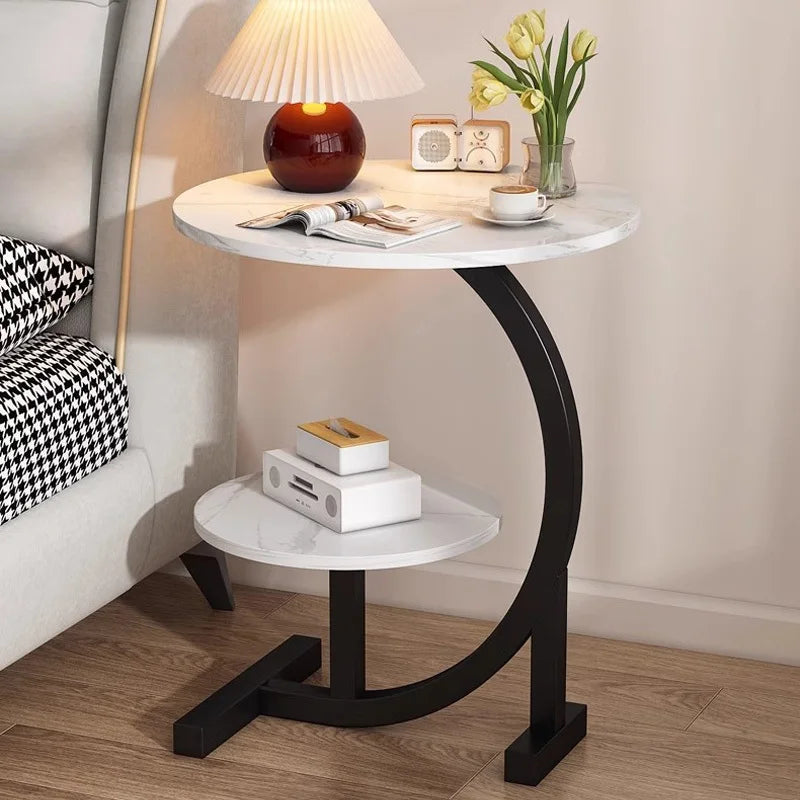 Wrought Iron And Wood Hybrid Side Table With Marble Top