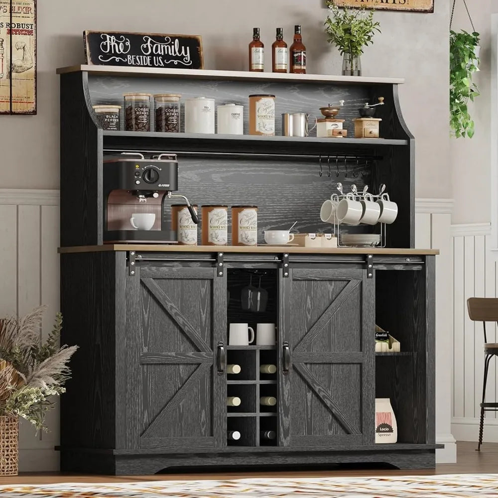 47" Farmhouse Coffee Bar with 3-Tier Storage, Kitchen Hutch with 12 Wine Racks & 3 Glass Holders, Coffee Hutch Cabinet with