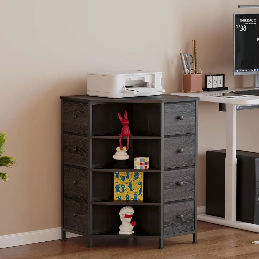 8 Drawer Corner Dresser With Fabric Drawers And Open Shelves