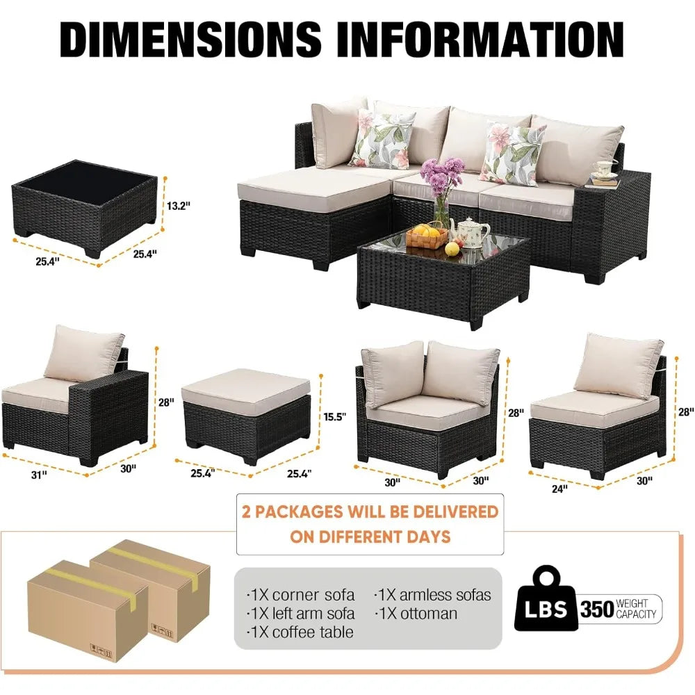 Set 5 Pieces All Weather Patio Conversation Sets Wicker PE Rattan Outdoor Sectional Couch Sofa Set with Cushion Ottoman