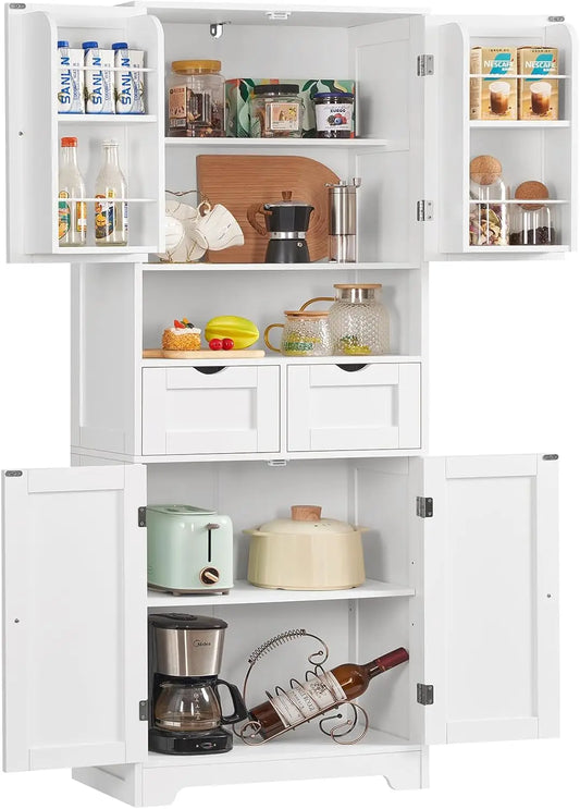 Kitchen Pantry Cabinet With Adjustable Shelves And Two Drawers