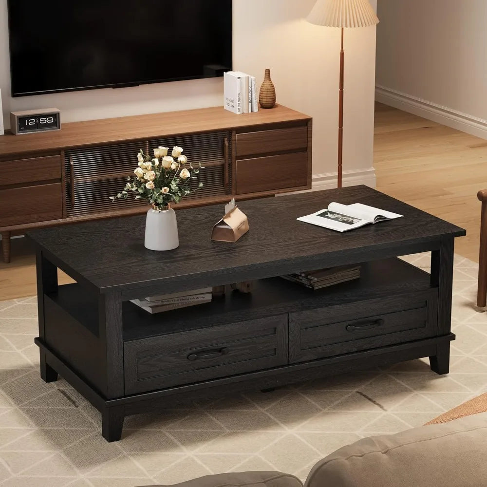 Rustic Farmhouse Coffee Table With Drawers And Open Shelf