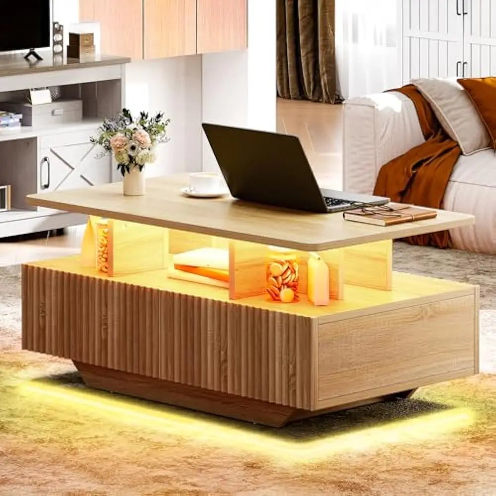 LED Coffee Table With 4 Sliding Drawers And Open Display Shelf