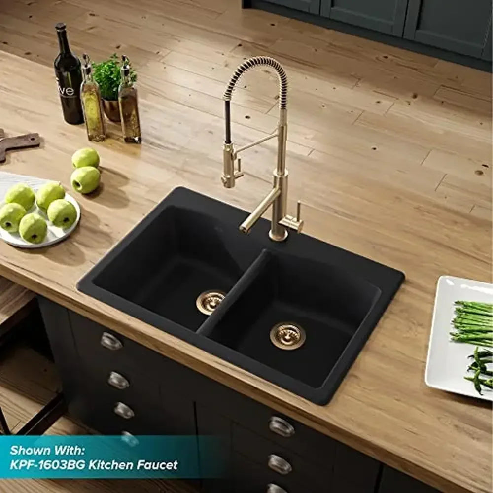 33" Dual Mount 50/50 Double Bowl Granite Kitchen Sink Impact-resistant Scratch-free Elegant Design Versatile Convenient Easy to