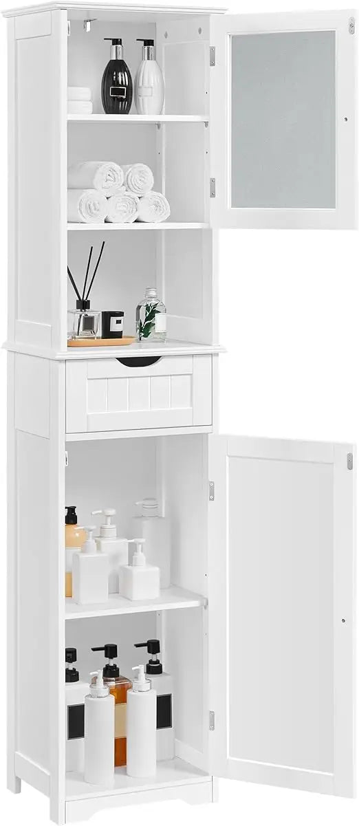 Freestanding Tall Bathroom Storage Cabinet with Glass Door and Adjustable Shelving