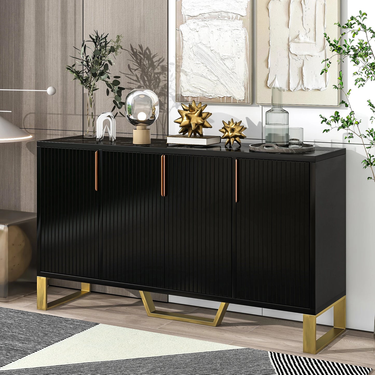 Modern Four Door Sideboard With Metal Handles And Adjustable Shelves