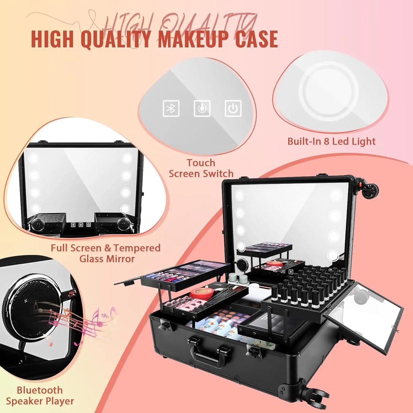 XMSJH Aluminum Trolley Makeup Case With LED Lights Studio