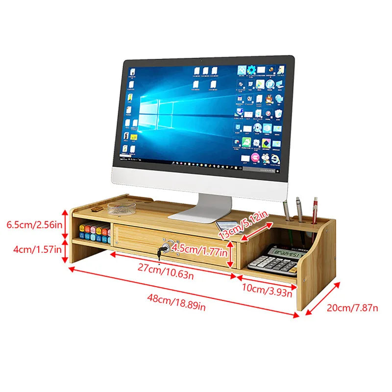 Desk Organizer Monitor Stand Built Storage Drawer with Phone Holder Display Cabinet Wooden Box Office Supplies