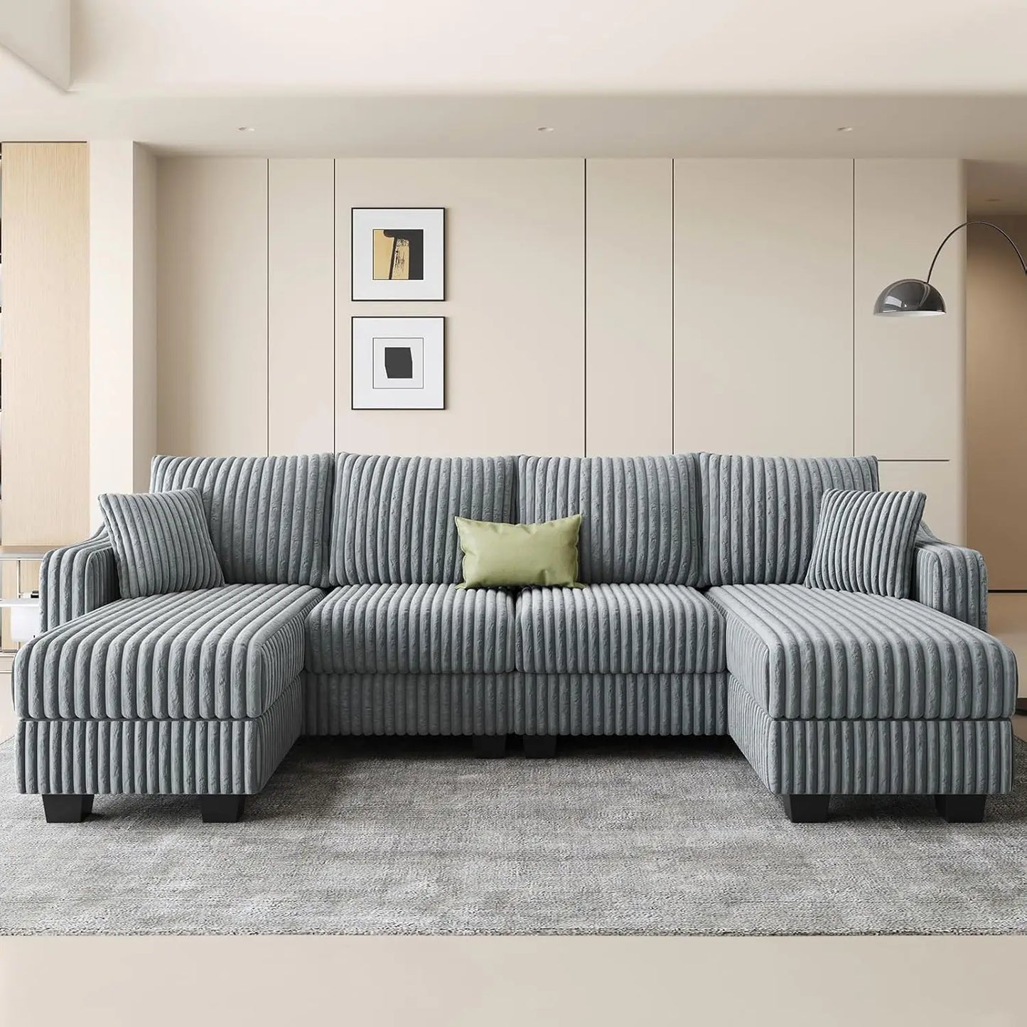 U Shape Reversible Sectional Sofa Ottoman Corduroy Living Room Set