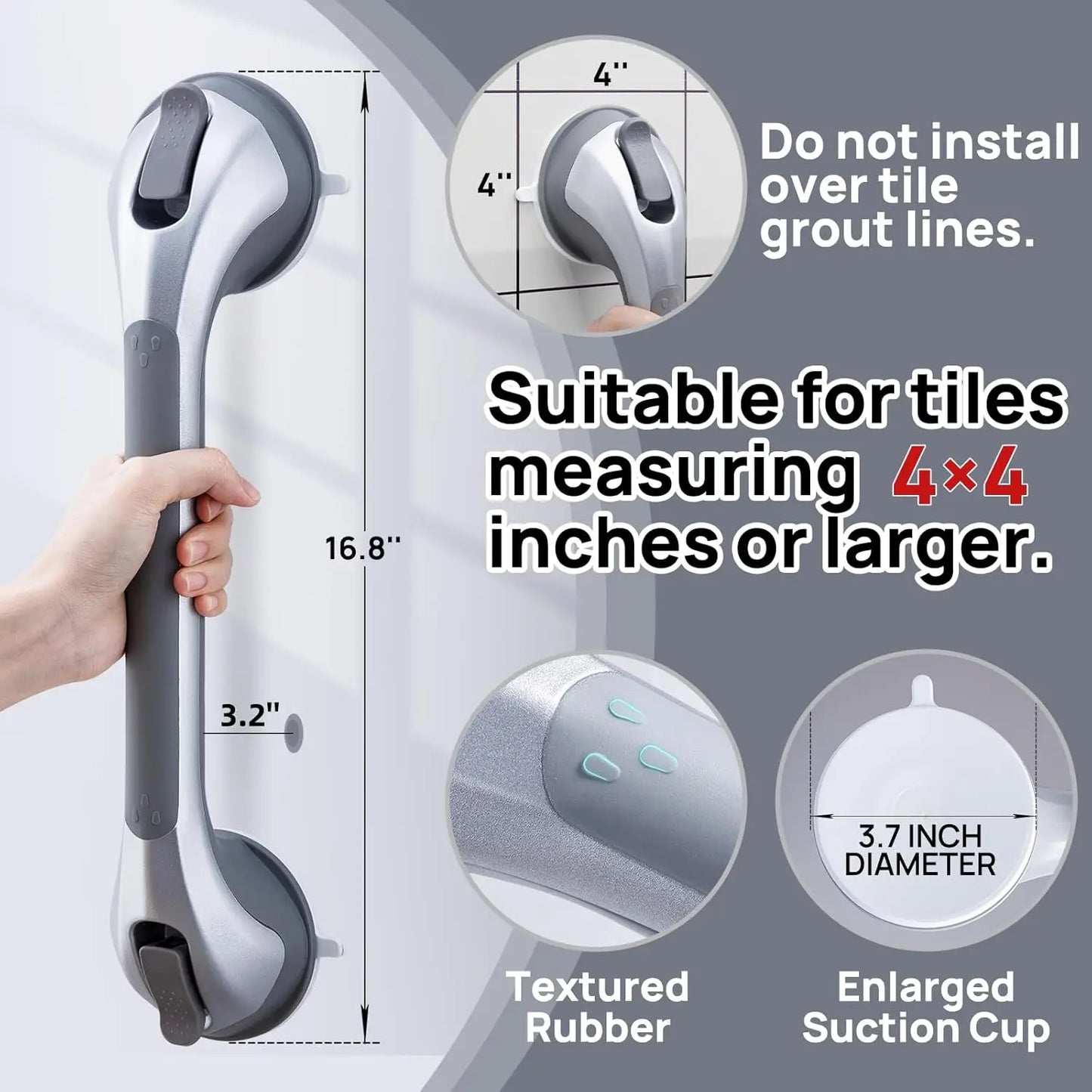2 Pack Suction Shower Grab Bars For Seniors Waterproof Easy Install No Drill