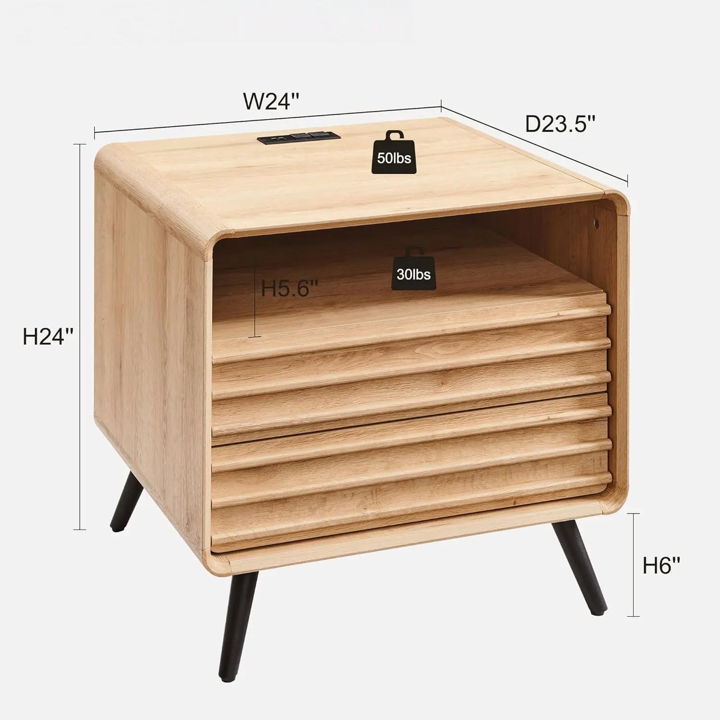 Fluted Nightstand with Charging Station,24" Modern Side Table with 2 Drawers, Mid Century End Table w/Storage