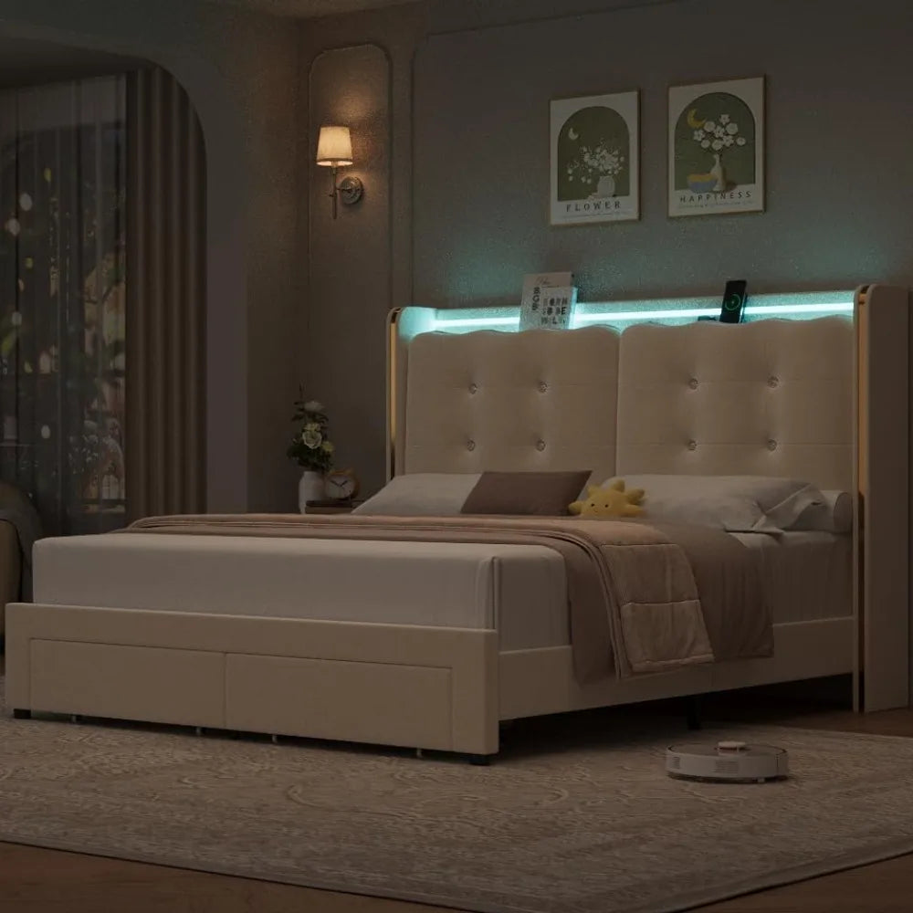 LED Bed Frame With Charging Station And Storage Drawers