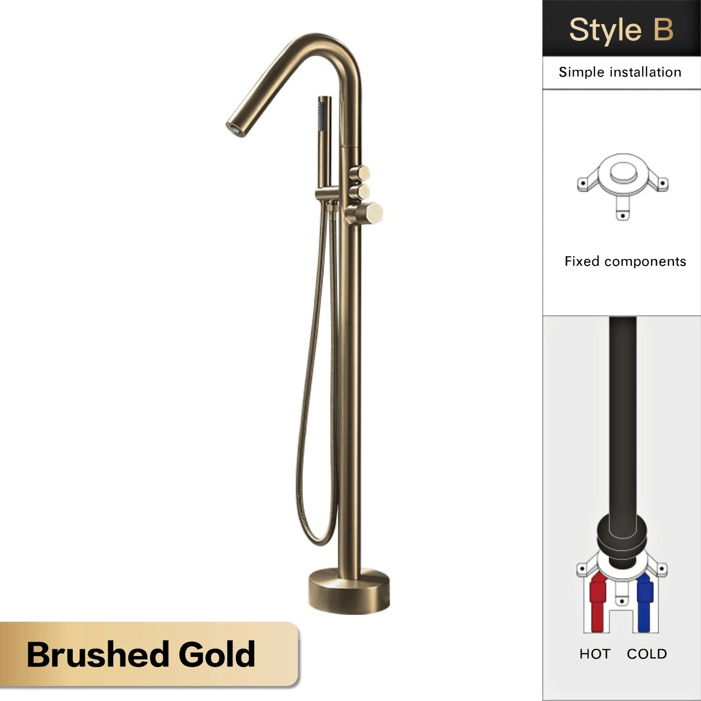 AITNA Gold Brass Luxury Bathroom Faucet Floor standing Design Single Handle Hot and Cold Water 2-Function Simple Bathtub Mixer