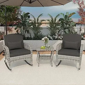 Patio Three Piece Rocking Chairs Set With Wicker Table