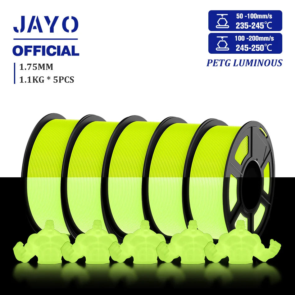 JAYO PLA Filament 1.75mm Glow in the Dark PETG 3D Printer Filament 1.1KG Neatly Wound Luminous 3D Printing Material For FDM