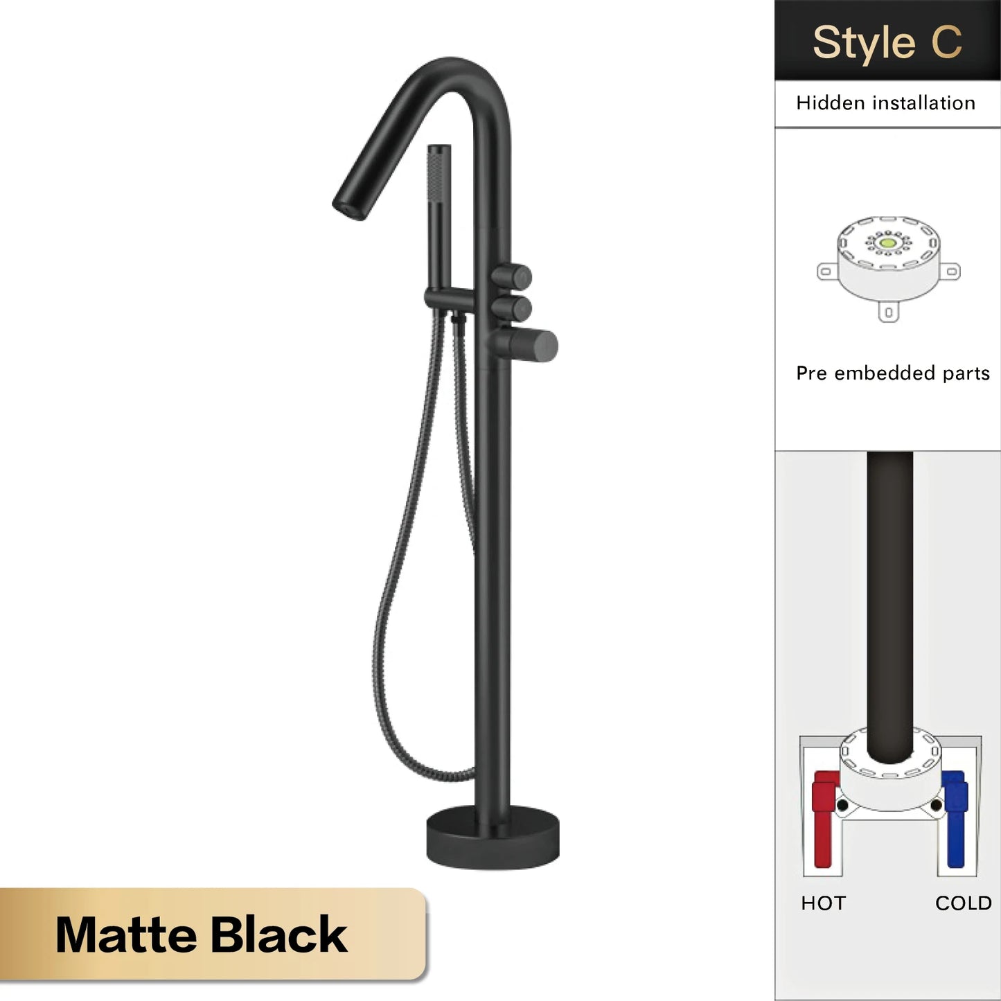 AITNA Gold Brass Luxury Bathroom Faucet Floor standing Design Single Handle Hot and Cold Water 2-Function Simple Bathtub Mixer