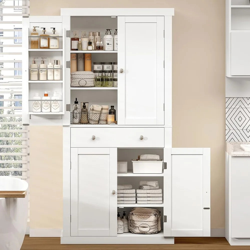 Four-Door Tall Kitchen Pantry Cabinet with Drawer and Adjustable Hanging Shelves