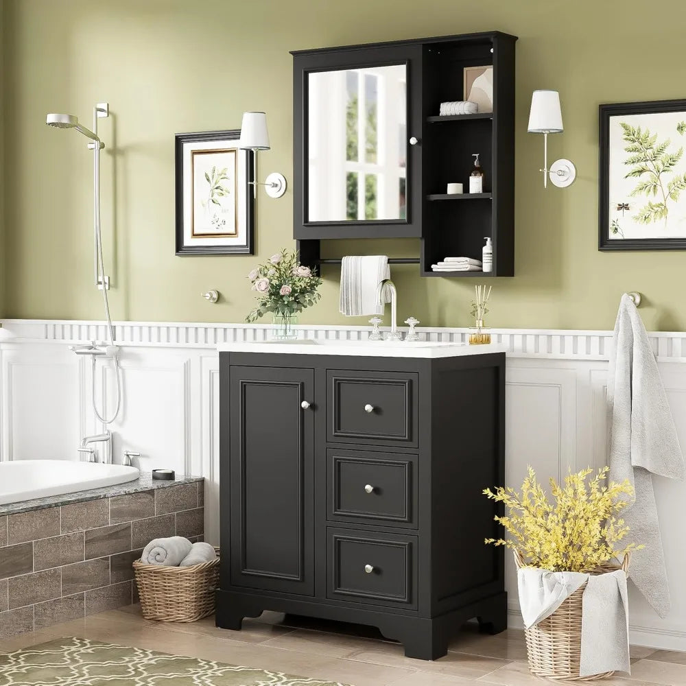 30-inch Bathroom Vanity with Sink, Modern Elegant Bathroom Storage Cabinet with 3 Drawers and Adjustable Shelves, freestanding V