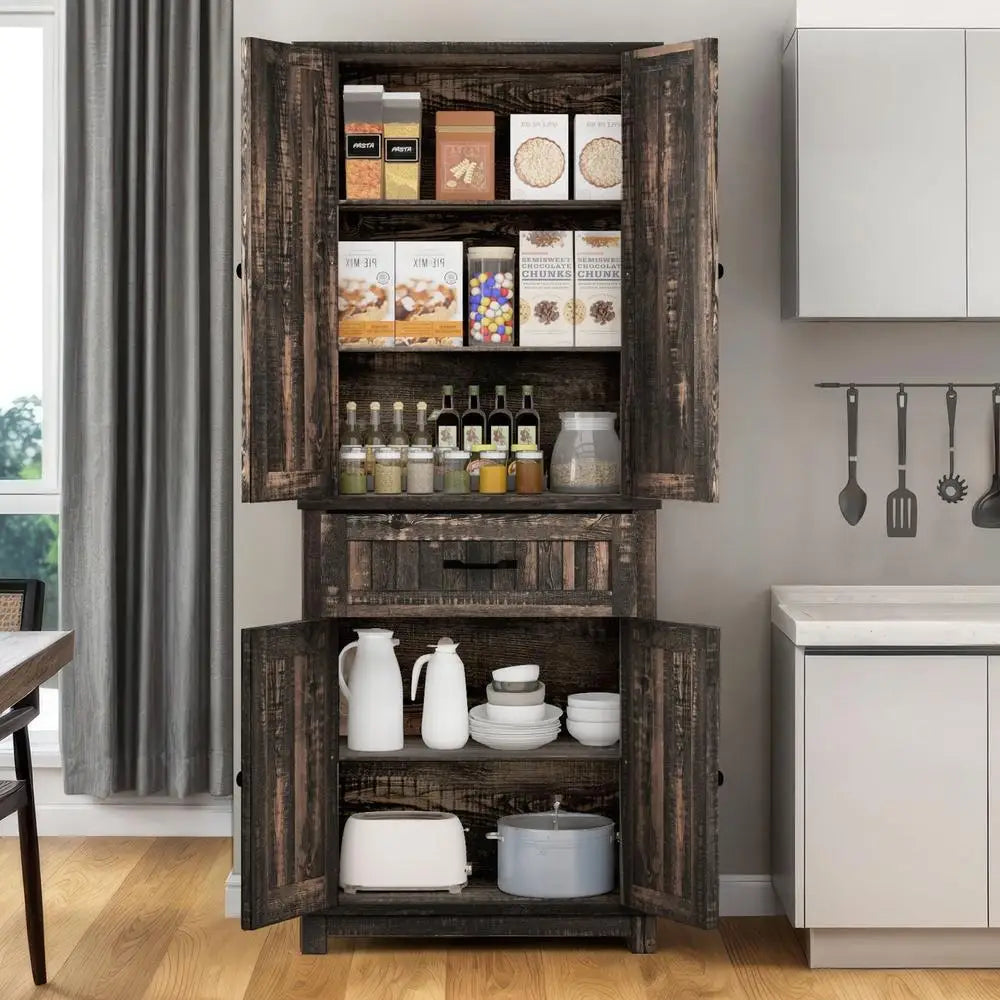 Kitchen Pantry Cabinet with Adjustable Shelves Storage Drawer Freestanding Organization Anti-Tipping Durable MDF For Kitchen