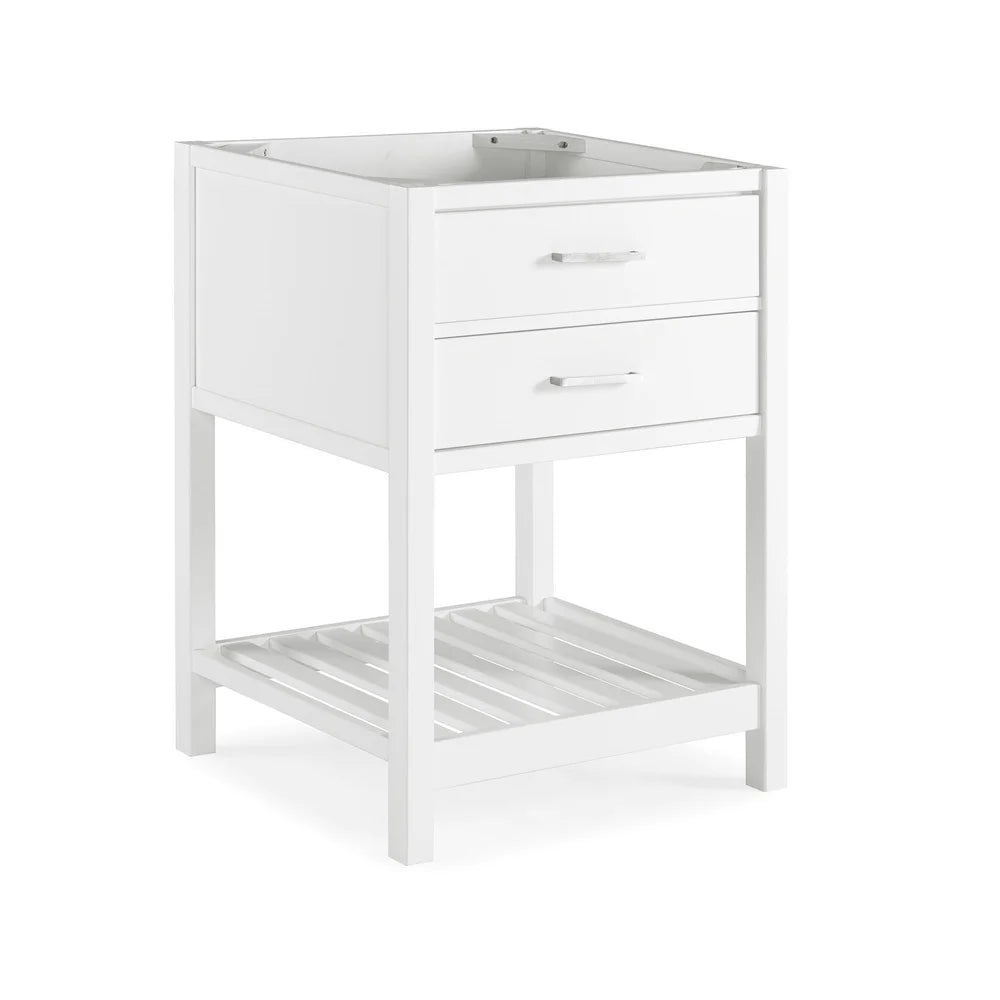 Timeless 24 Inch Vanity Cabinet Solid Pine Soft Close Drawers Nickel Hardware Space Saving Design Open Shelf Bathroom Upgrade