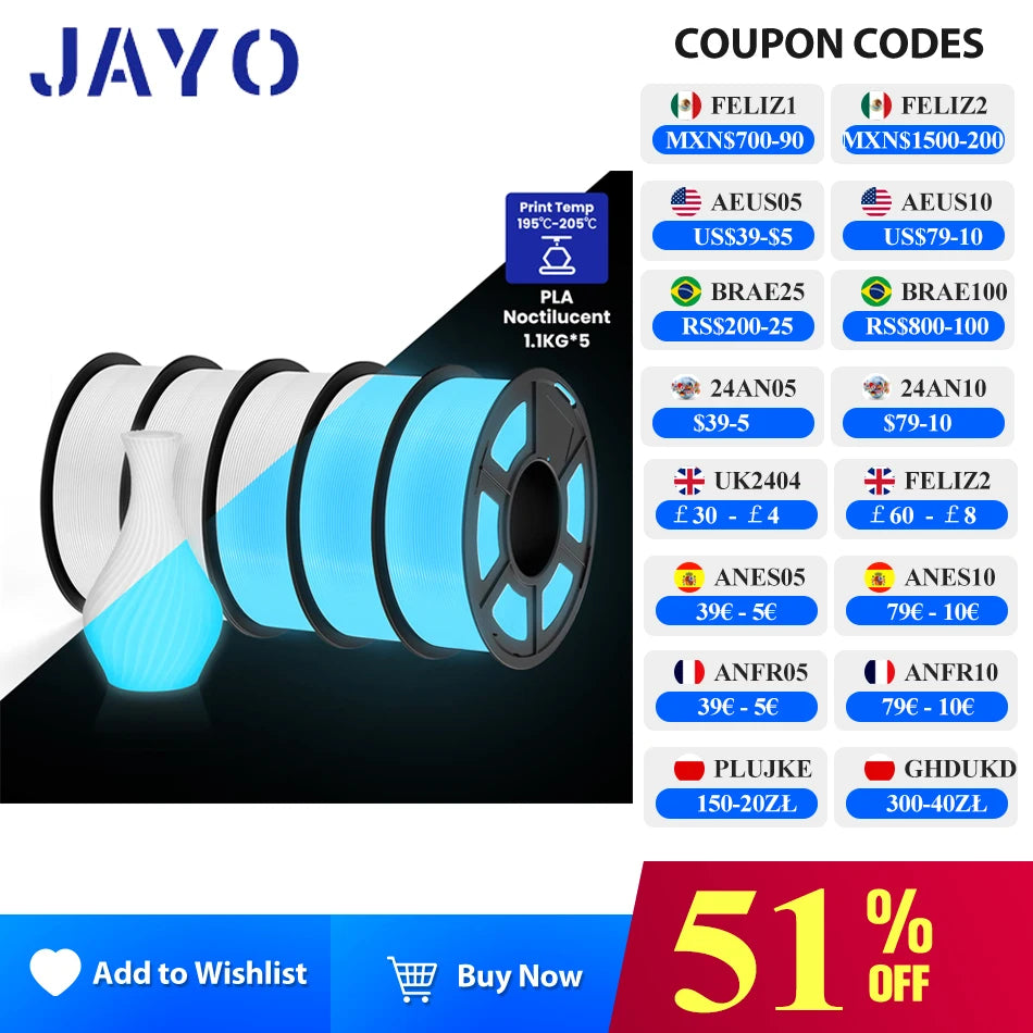 JAYO PLA Filament 1.75mm Glow in the Dark PETG 3D Printer Filament 1.1KG Neatly Wound Luminous 3D Printing Material For FDM