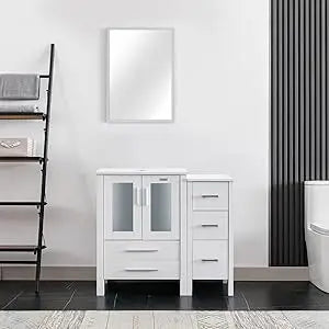 36" Modern Bathroom Vanity Sink Combo White W/Small Side Cabinet Turquoise Square Glass Vessel Sink & Water Save Faucet & Pop U