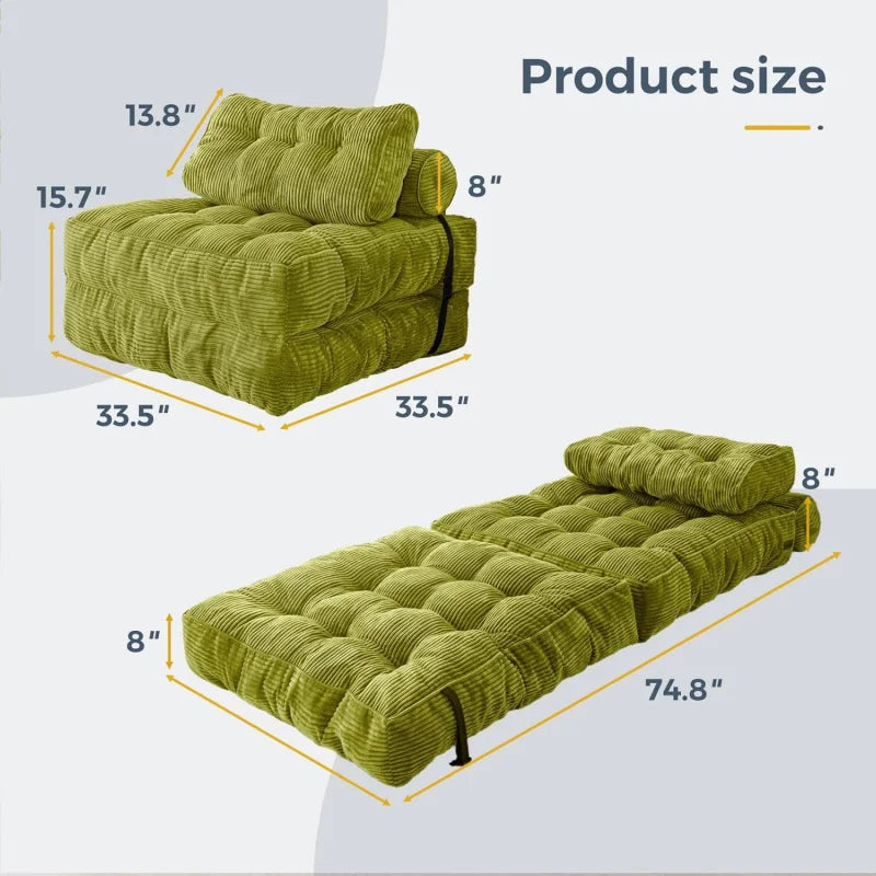 Folding Sofa Bed Convertible Sleeper Chair – W/Pillow & Foldable Mattress, Portable, for Living Room/Bedroom