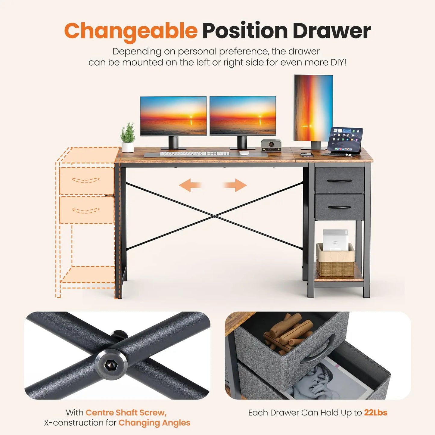 JHK 47 Inch Computer Desk With 2 Drawers For Study Office Gaming Wood Table Modern Work Desk