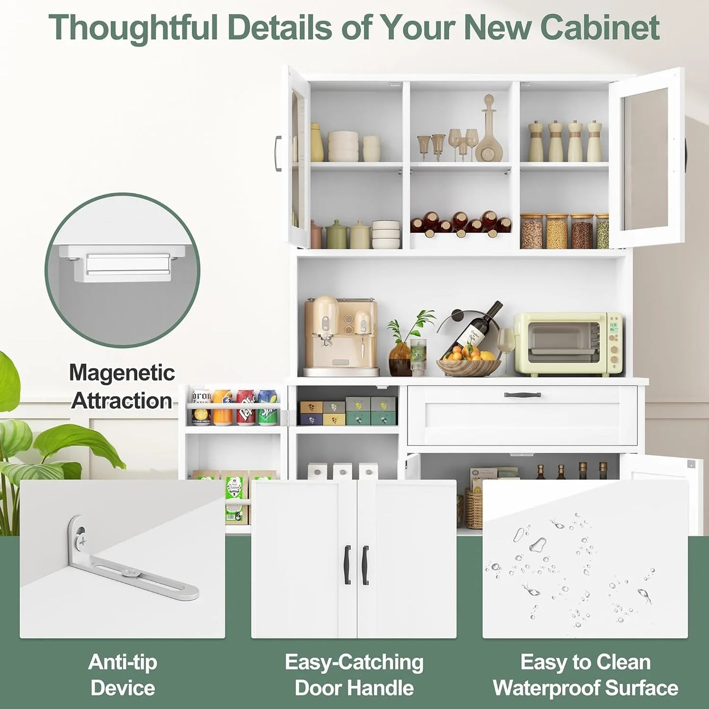 Pantry Storage Cabinet, standing Buffet Cabinet  Microwave Stand & 4 Door She,  Hutch