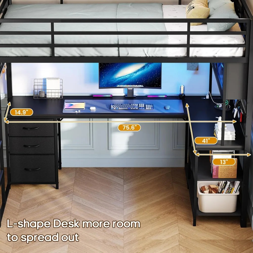 Loft Bed With L Shaped Desk Hutch And Storage Drawers