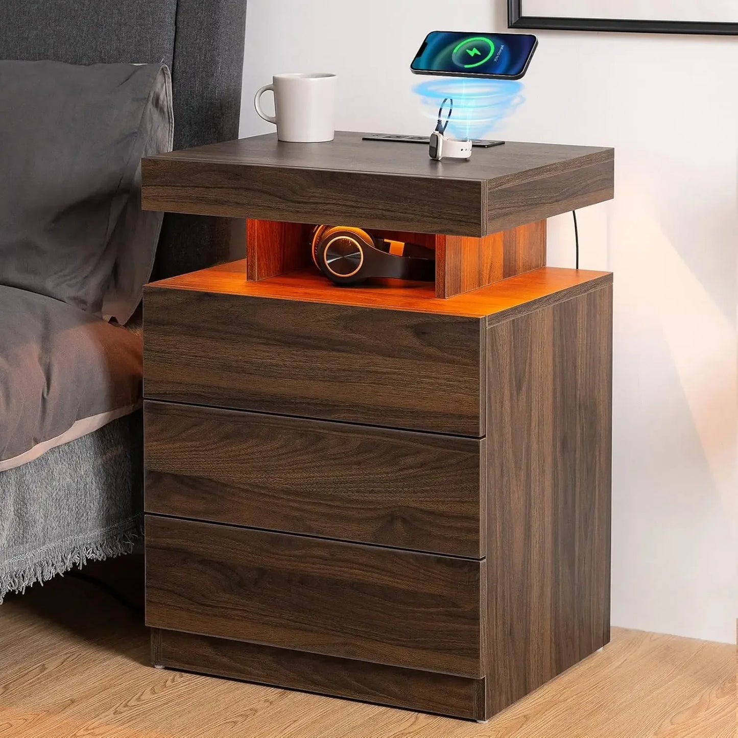 GUANGBAI LED Nightstand With Wireless Charging USB Ports