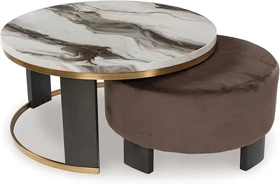 Faux Marble Nesting Coffee Tables With Velvet Ottomans Set Two