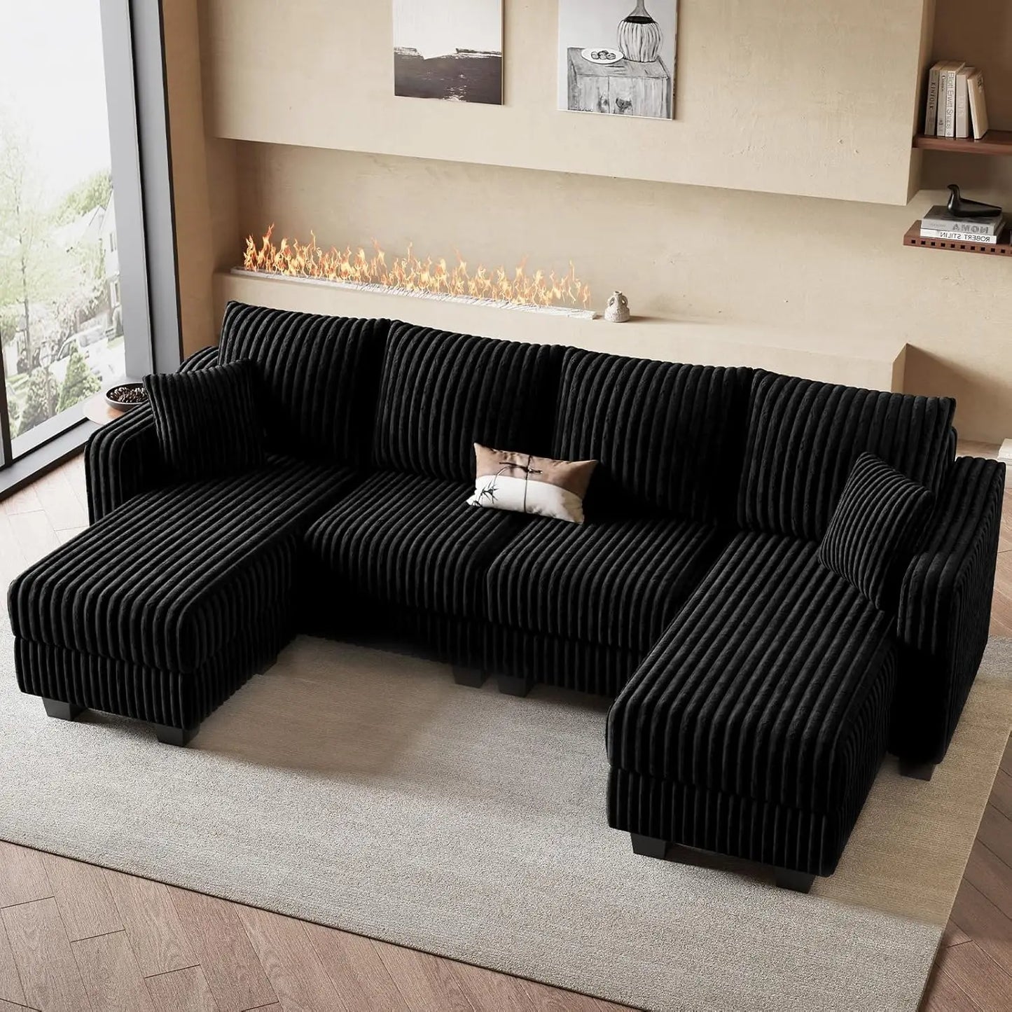 U Shape Reversible Sectional Sofa Ottoman Corduroy Living Room Set