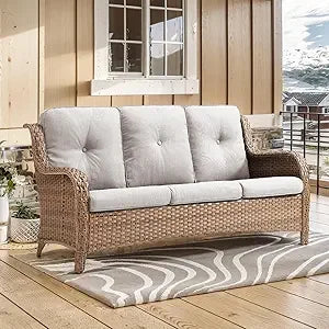 75Inch Outdoor Wicker Sofa - Standard 3 Seater with High Backrest, All Weather Rattan Patio Furniture for Balcony, Deck, Backyar