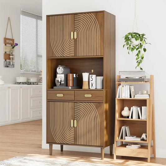 Chengwei Tall Kitchen Pantry Cabinet With Grooved Doors And Drawers