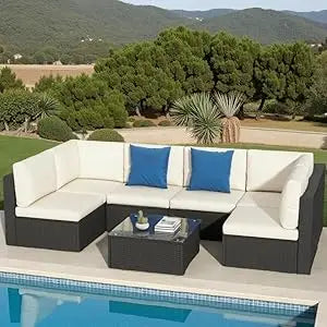 7 Piece Patio Furniture Set All Weather PE Wicker Outdoor Conversation Set Beige Modern Assembly Required Poolside